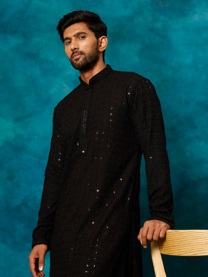 Sarvati Men's Black Rayon Schiffli Kurta And Pant Set