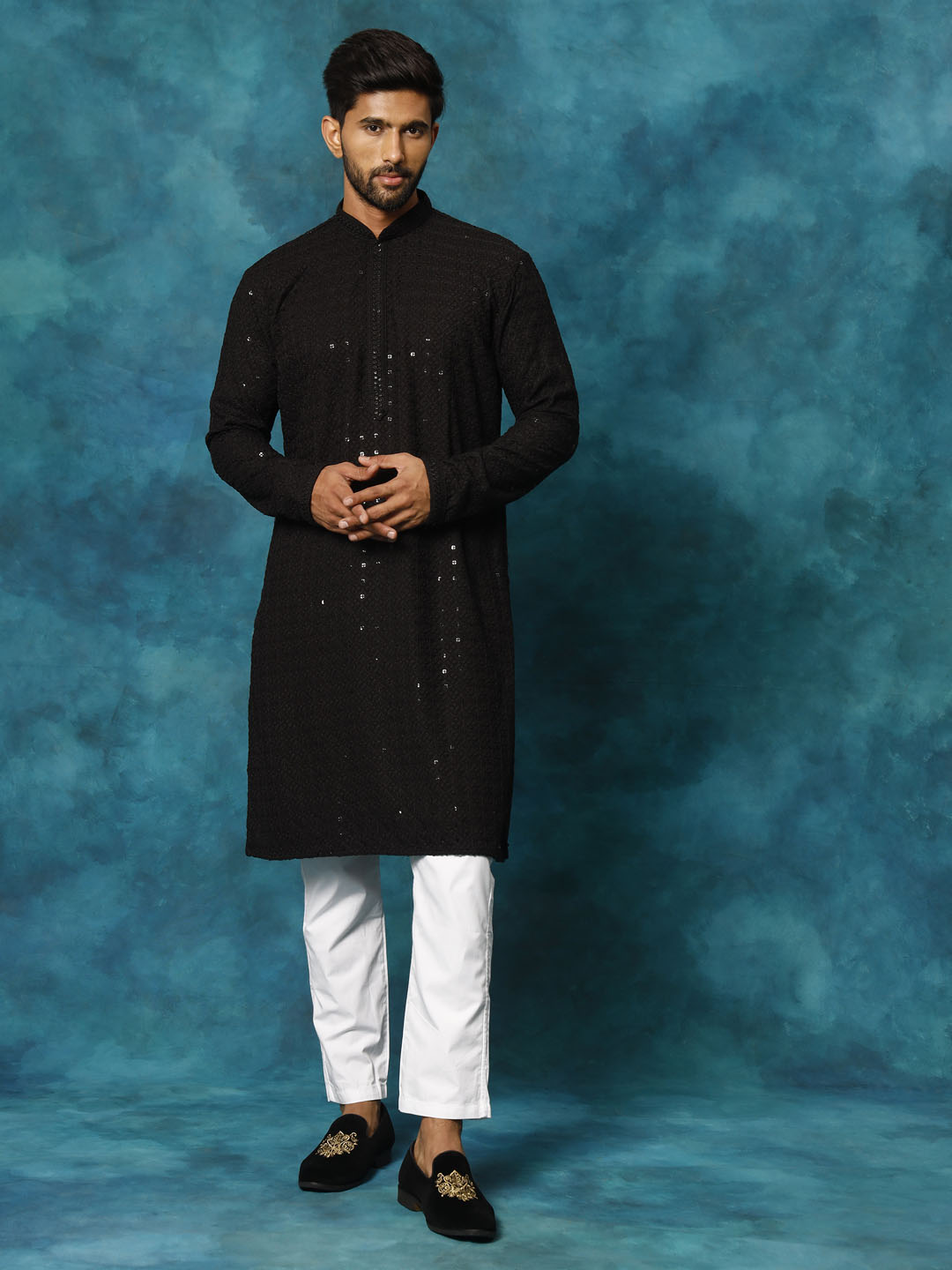 Sarvati Men's Black Rayon Schiffli Kurta And Pant Set