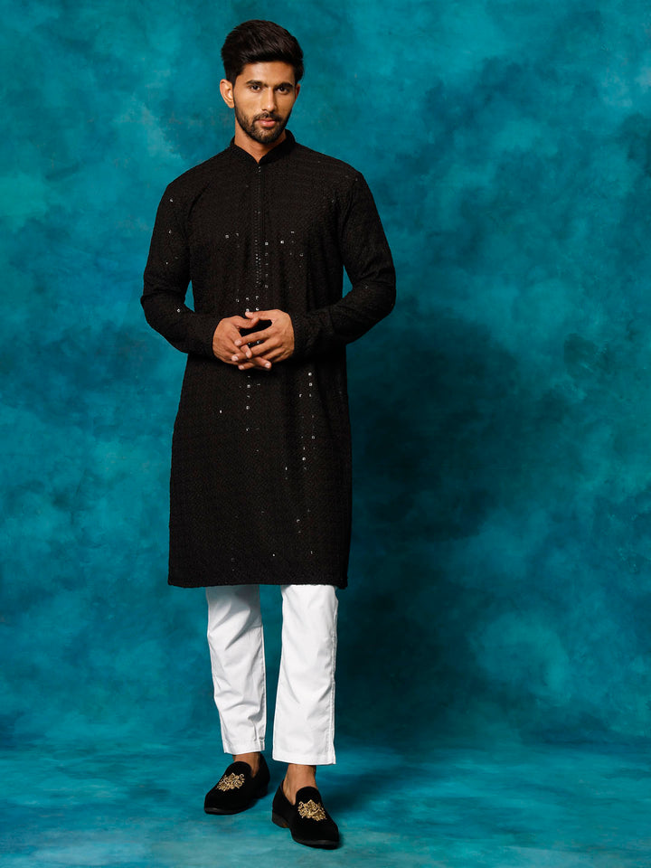 Sarvati Men's Black Rayon Schiffli Kurta And Pant Set