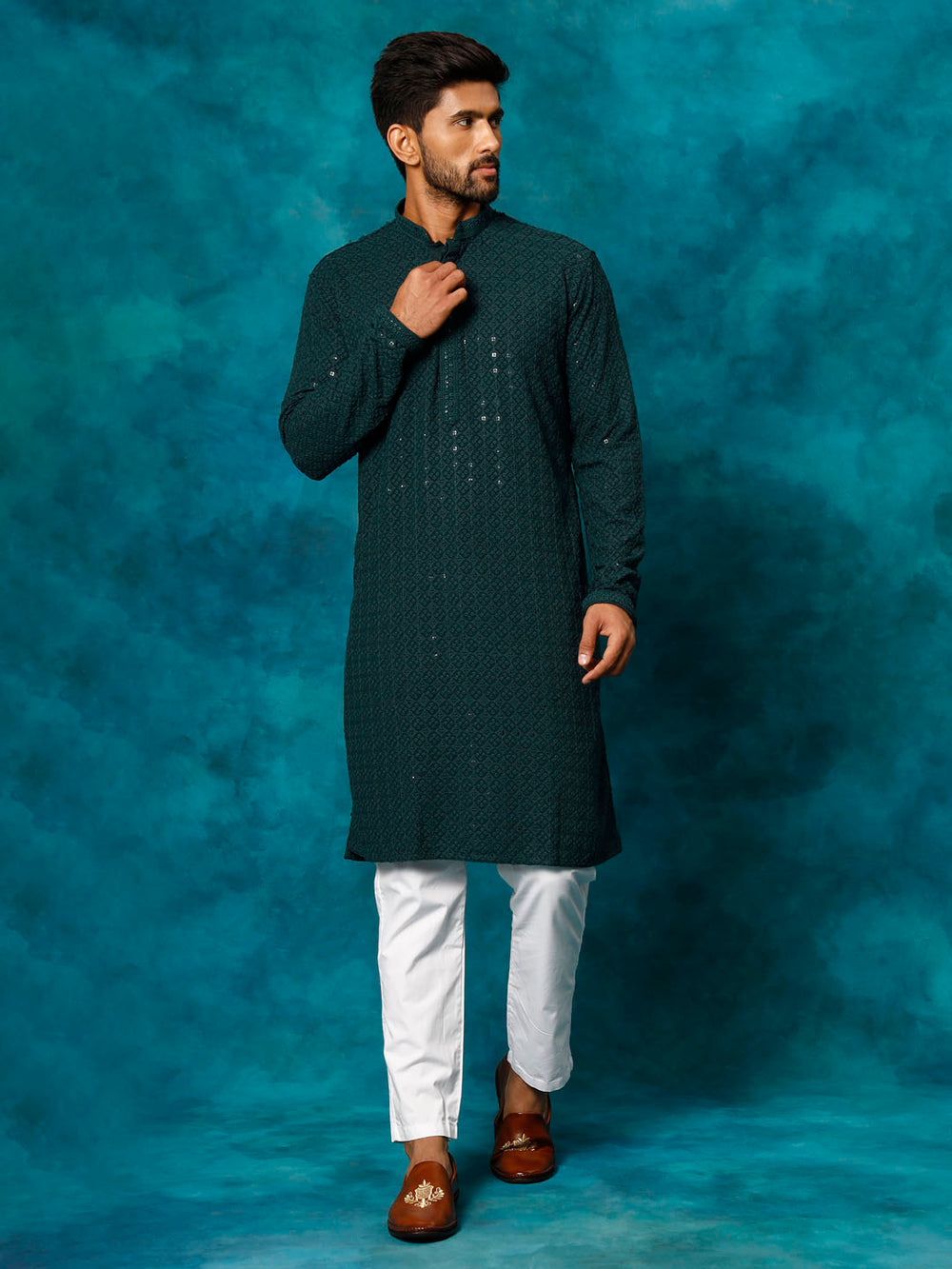 Sarvati Men's Green Rayon Schiffli Kurta And Pant Set