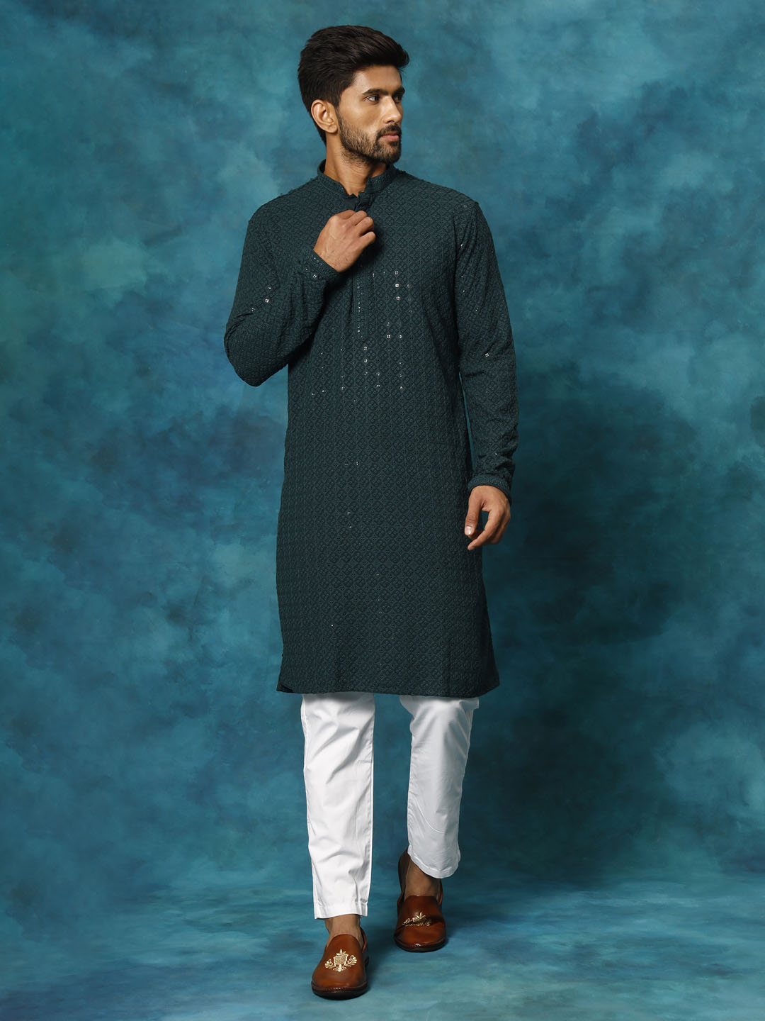 Sarvati Men's Green Rayon Schiffli Kurta And Pant Set