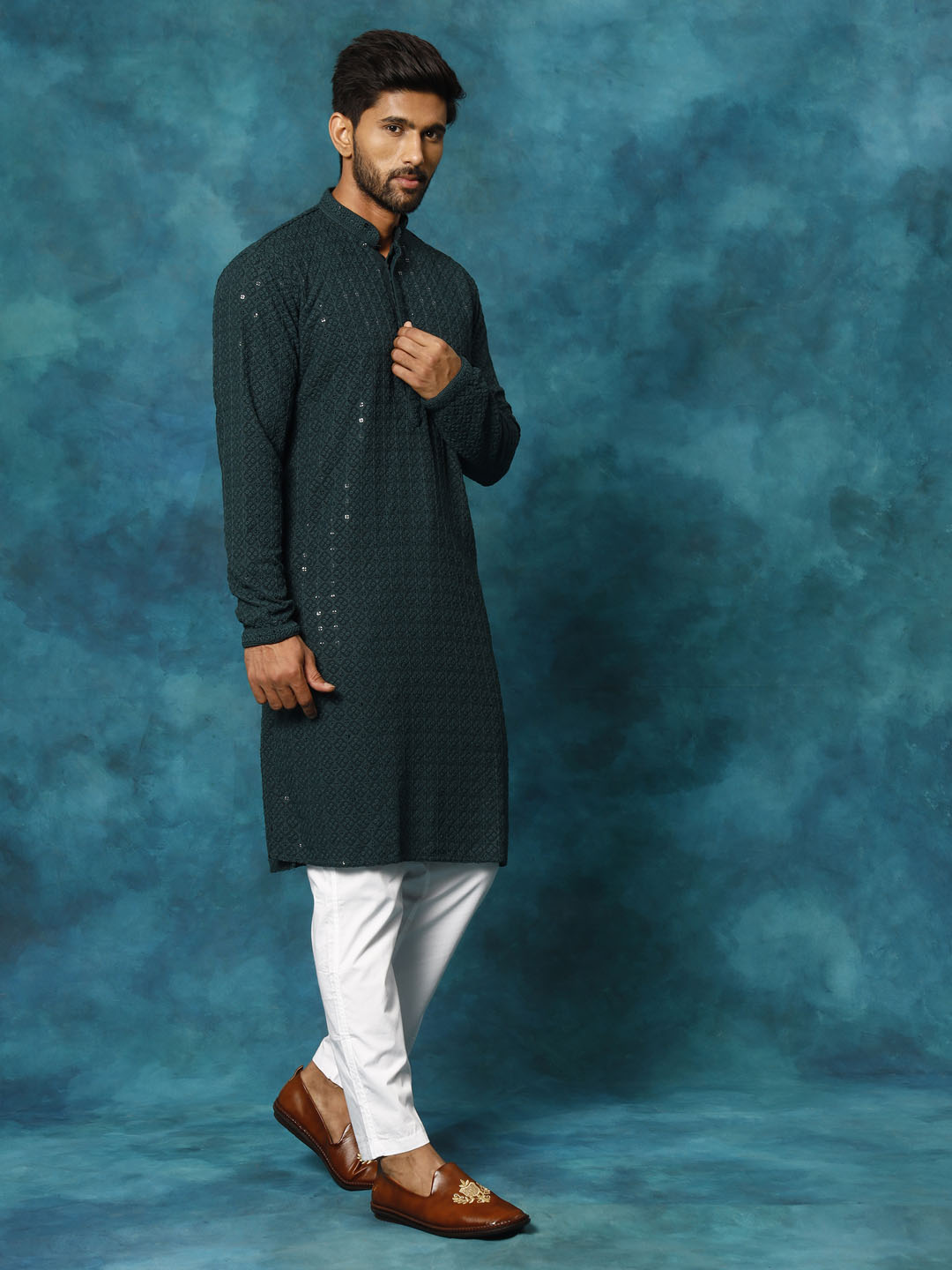 Sarvati Men's Green Rayon Schiffli Kurta And Pant Set