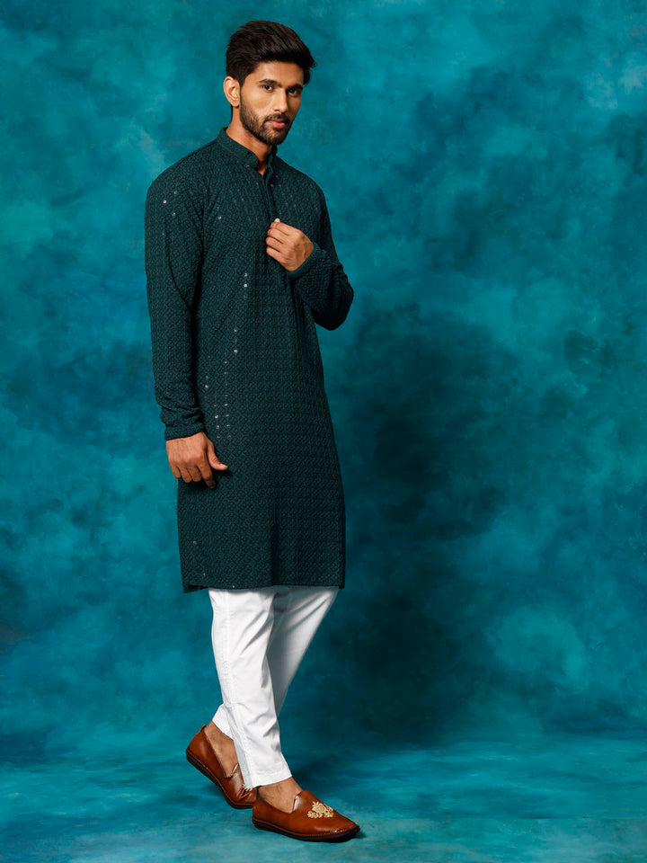 Sarvati Men's Green Rayon Schiffli Kurta And Pant Set