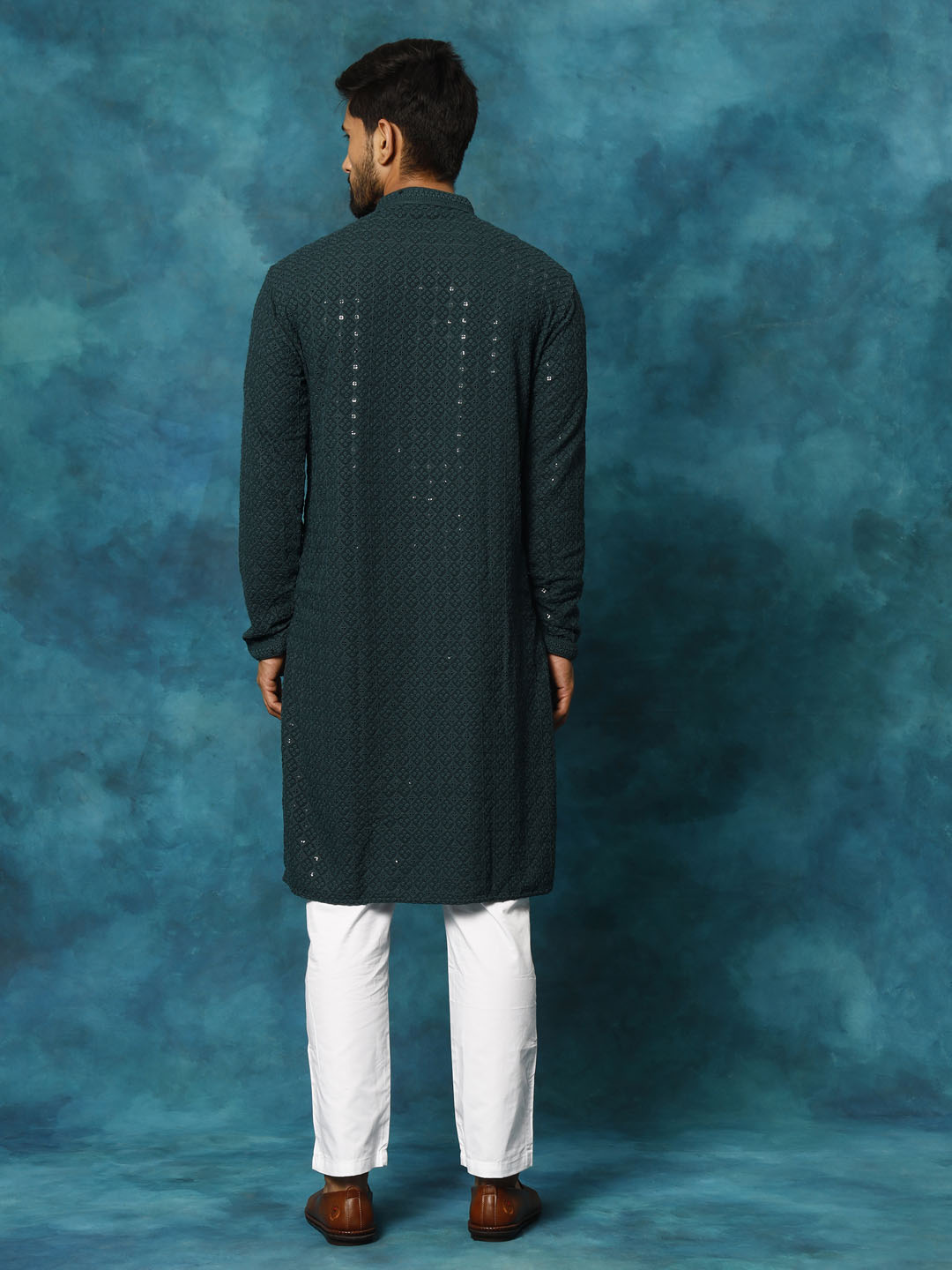 Sarvati Men's Green Rayon Schiffli Kurta And Pant Set