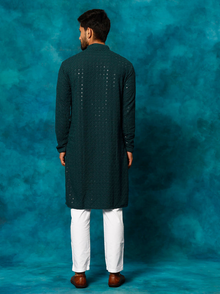 Sarvati Men's Green Rayon Schiffli Kurta And Pant Set