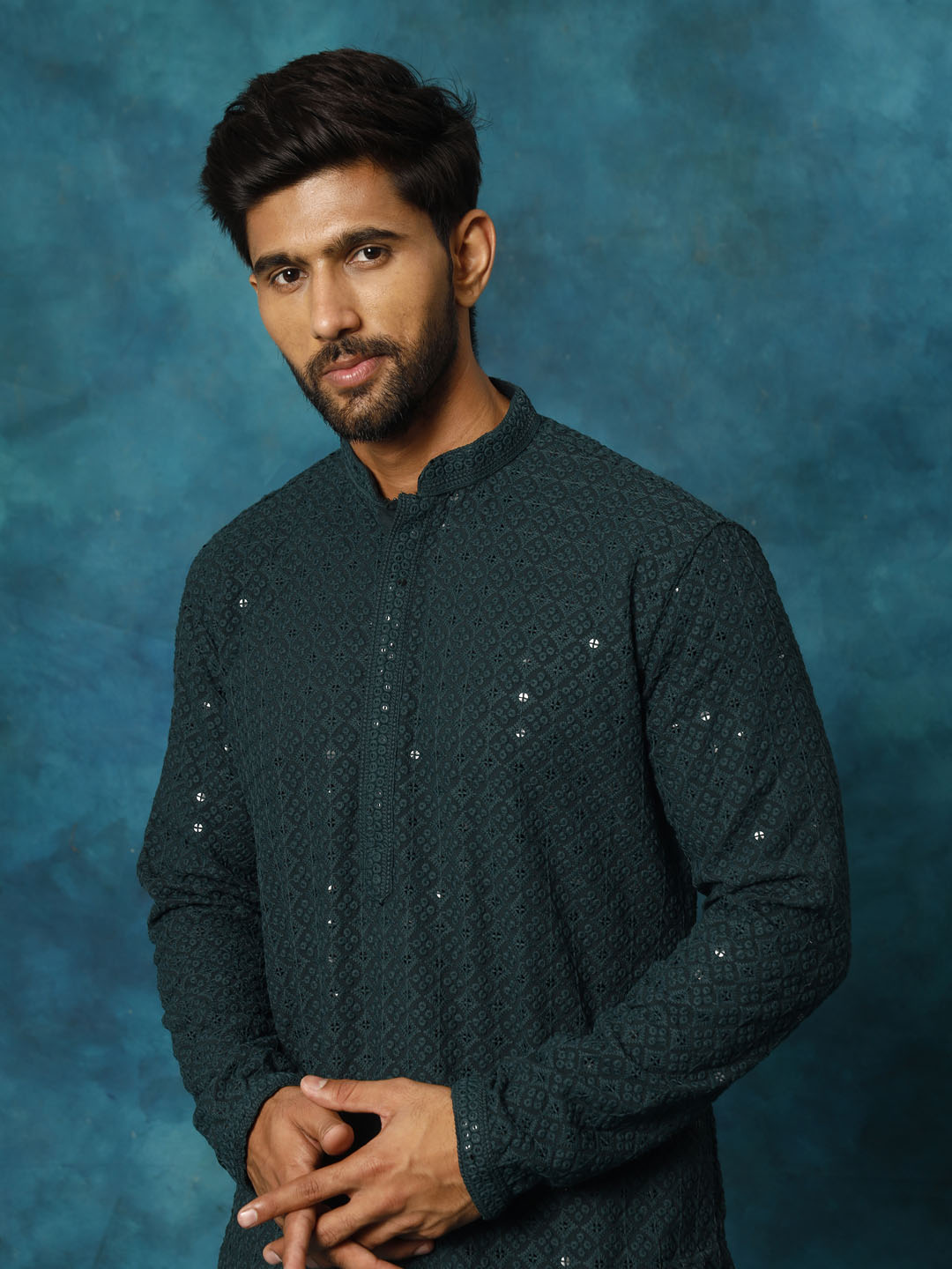 Sarvati Men's Green Rayon Schiffli Kurta And Pant Set