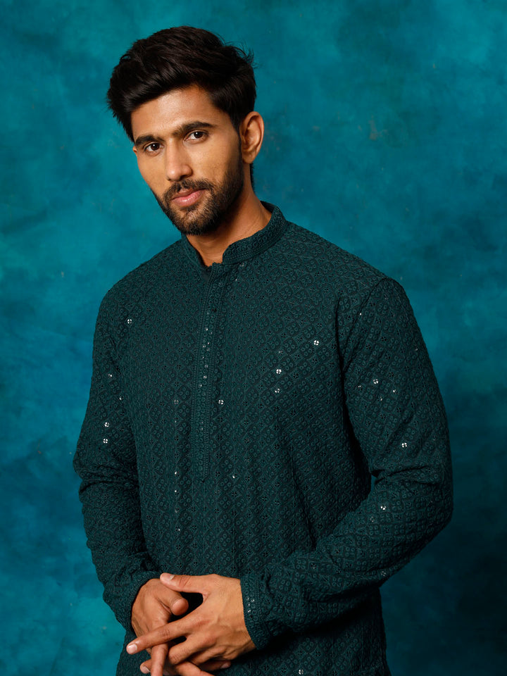 Sarvati Men's Green Rayon Schiffli Kurta And Pant Set