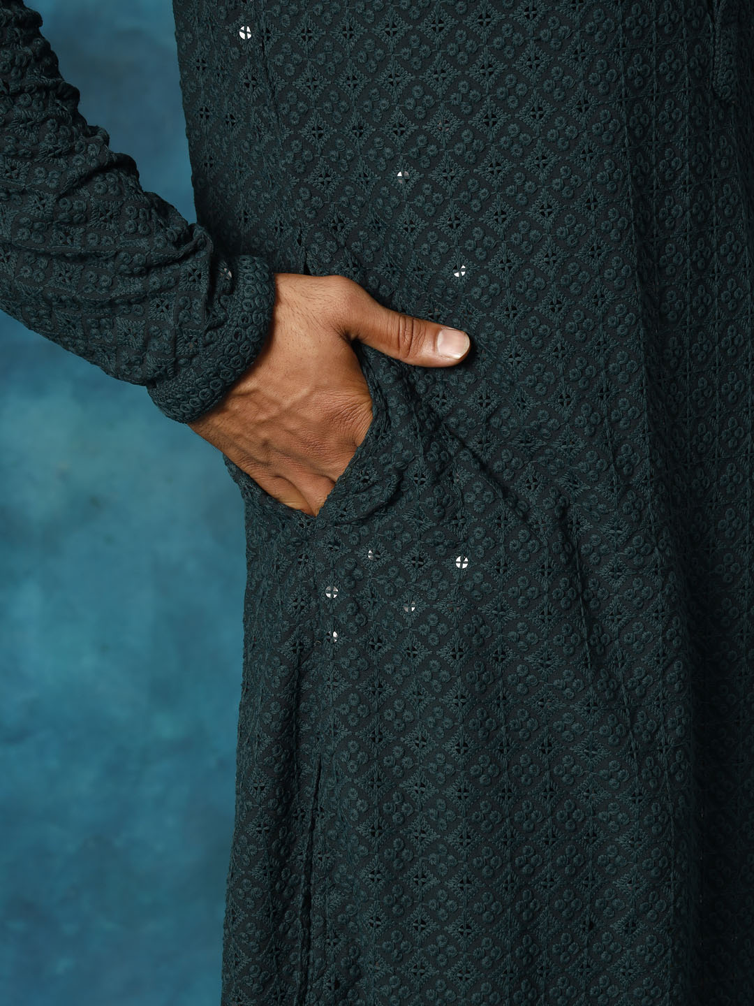 Sarvati Men's Green Rayon Schiffli Kurta And Pant Set