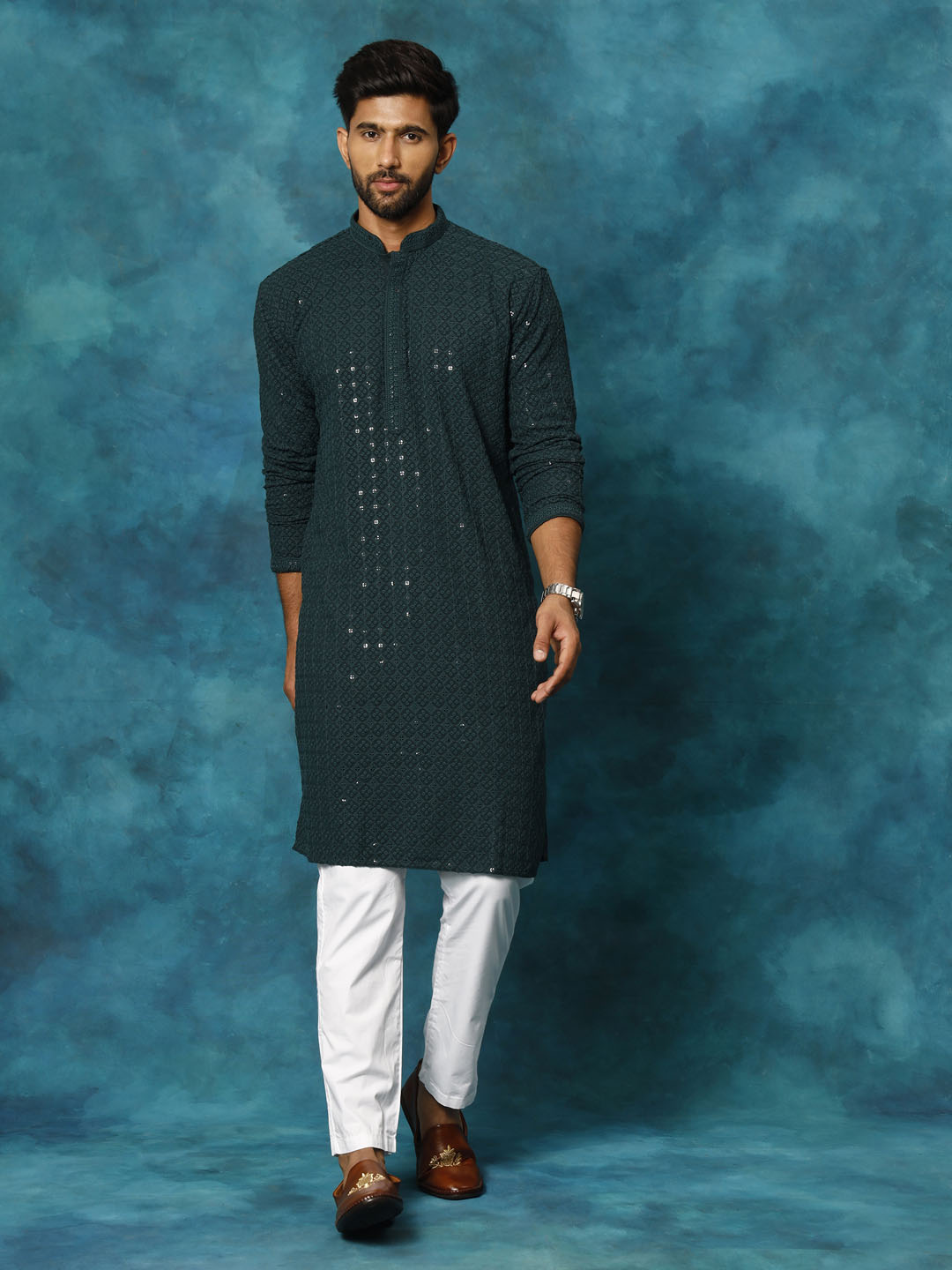 Sarvati Men's Green Rayon Schiffli Kurta And Pant Set