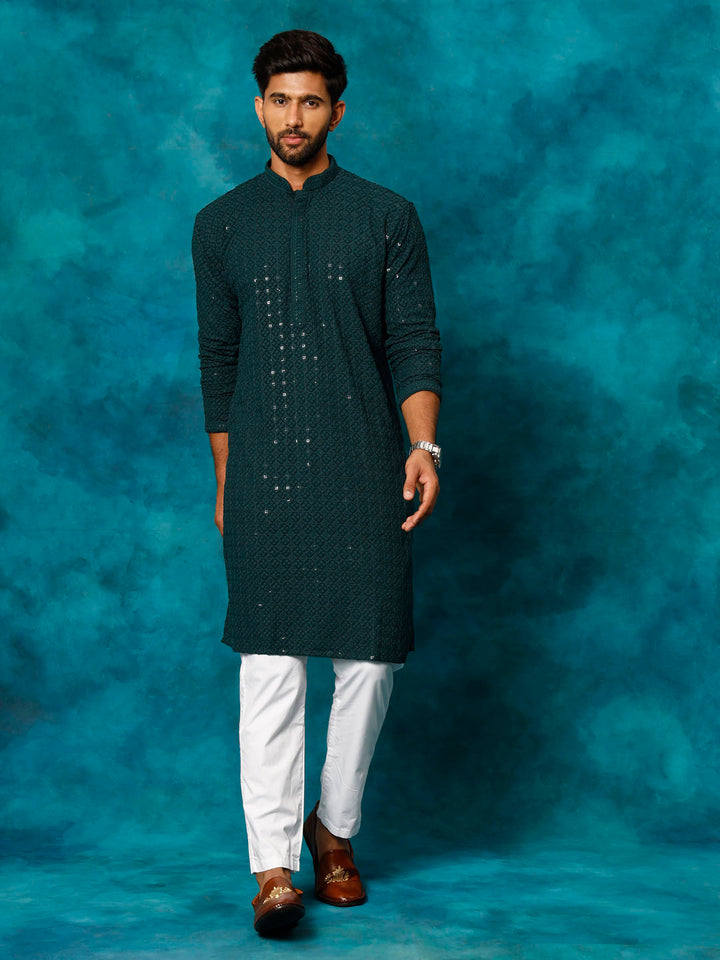 Sarvati Men's Green Rayon Schiffli Kurta And Pant Set