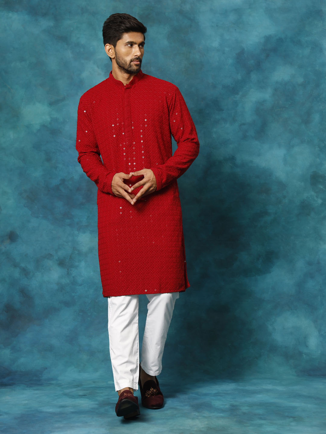 Sarvati Men's Maroon Rayon Schiffli Kurta And Pant Set