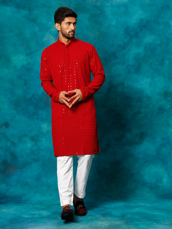 Sarvati Men's Maroon Rayon Schiffli Kurta And Pant Set