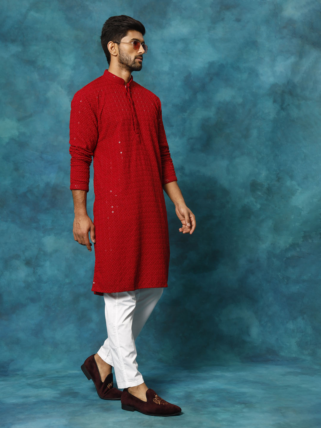 Sarvati Men's Maroon Rayon Schiffli Kurta And Pant Set