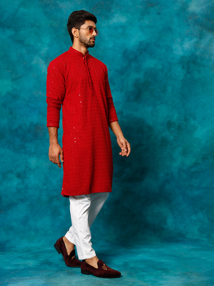 Sarvati Men's Maroon Rayon Schiffli Kurta And Pant Set