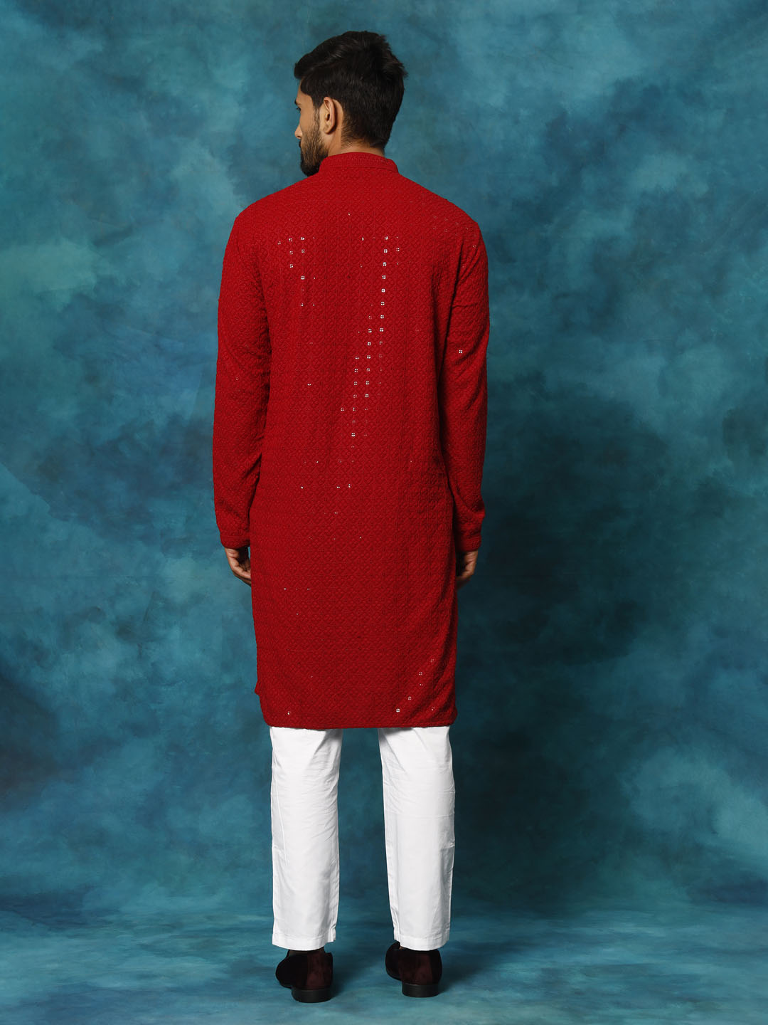 Sarvati Men's Maroon Rayon Schiffli Kurta And Pant Set