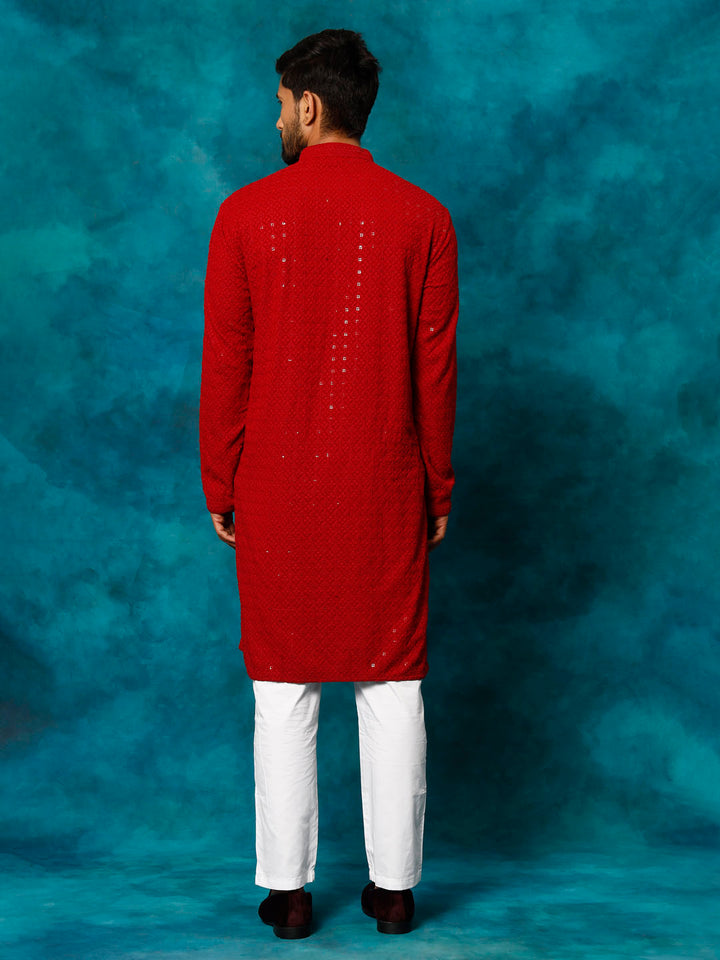 Sarvati Men's Maroon Rayon Schiffli Kurta And Pant Set