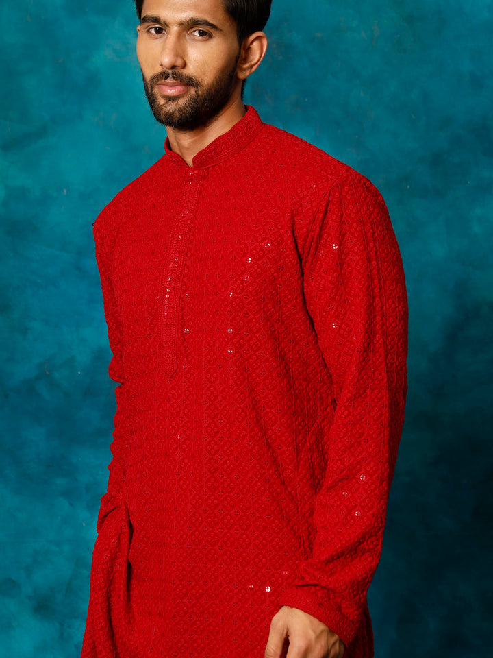 Sarvati Men's Maroon Rayon Schiffli Kurta And Pant Set