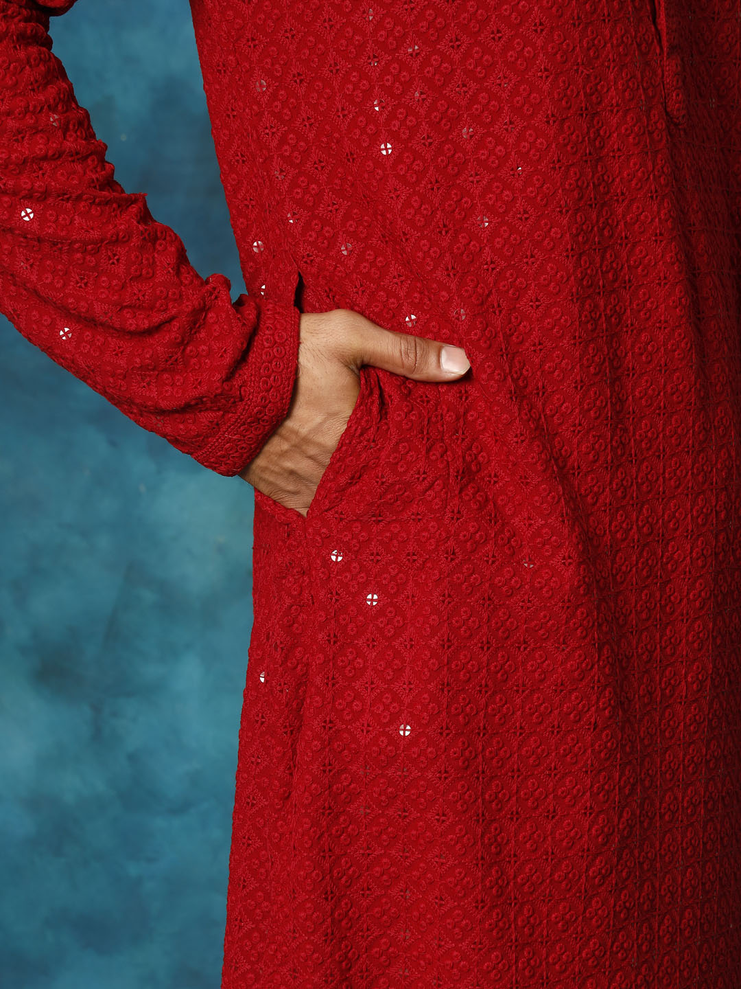 Sarvati Men's Maroon Rayon Schiffli Kurta And Pant Set