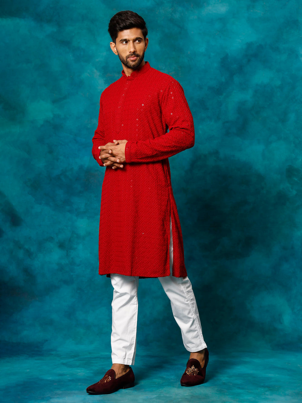 Sarvati Men's Maroon Rayon Schiffli Kurta And Pant Set