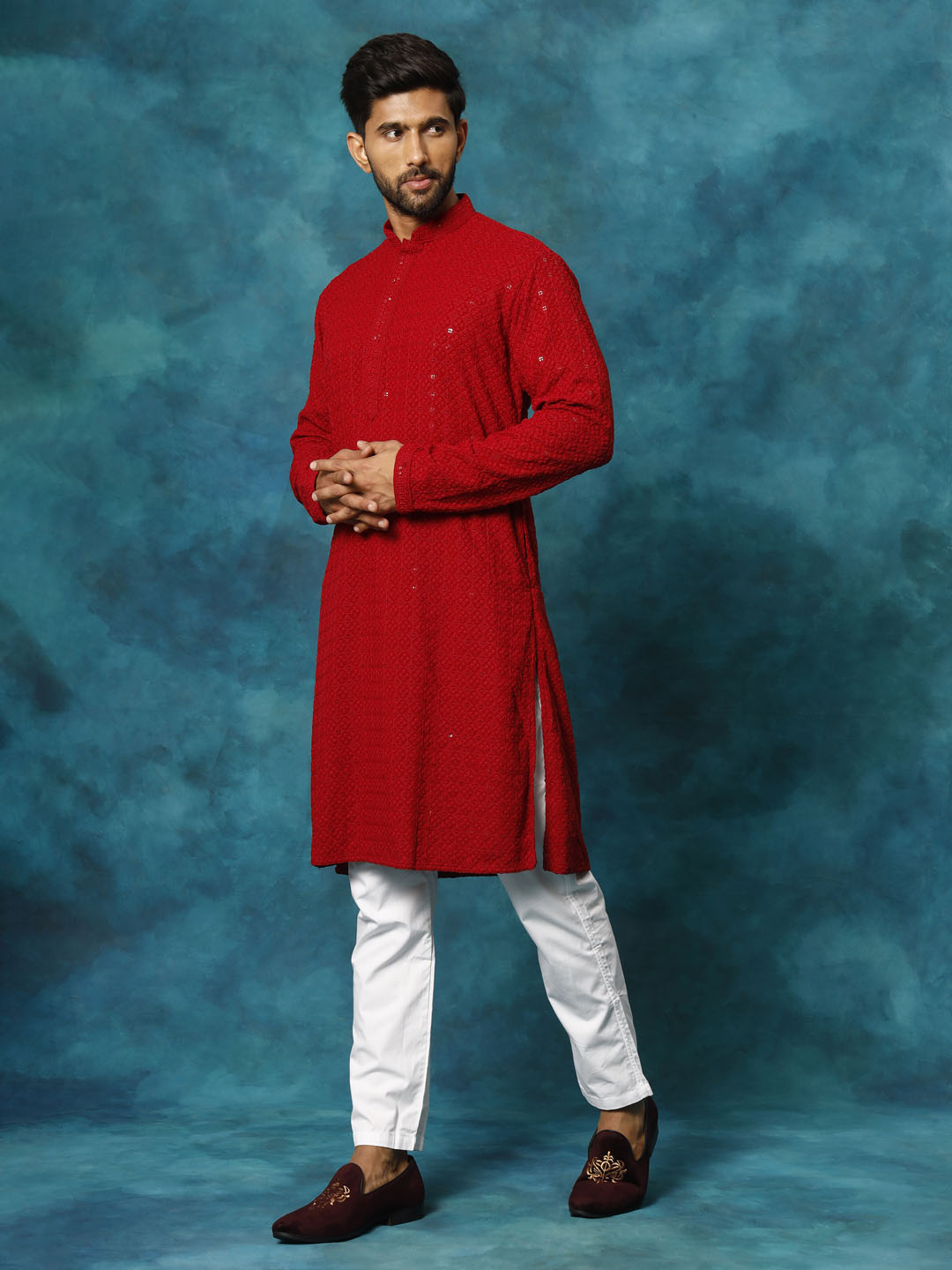 Sarvati Men's Maroon Rayon Schiffli Kurta And Pant Set