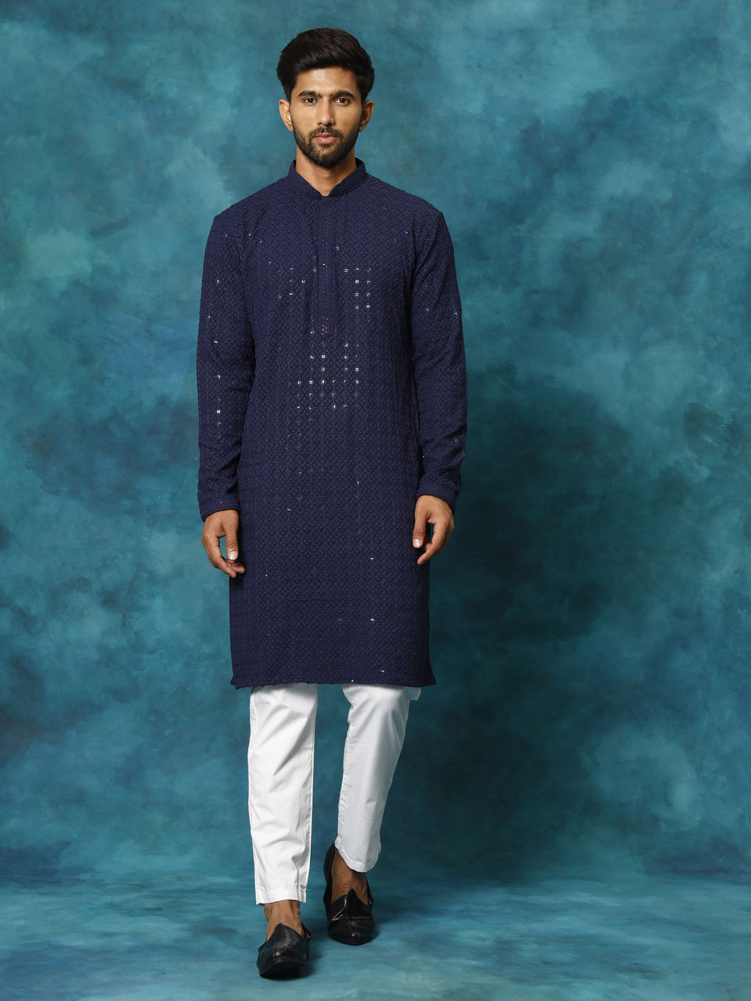 Sarvati Men's Navy Blue Rayon Schiffli Kurta And Pant Set