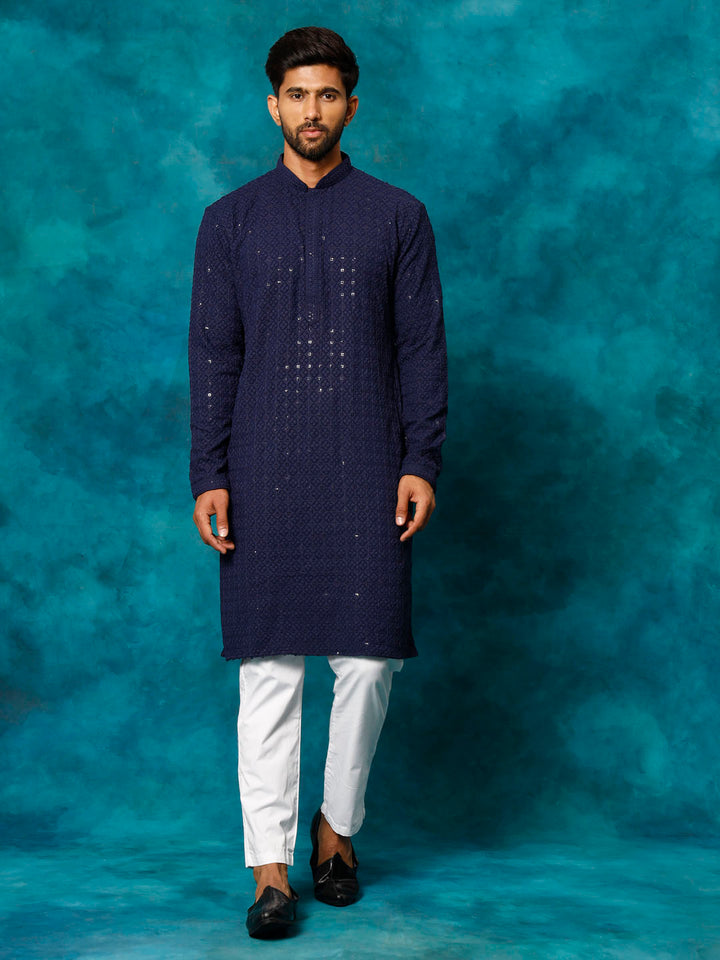 Sarvati Men's Navy Blue Rayon Schiffli Kurta And Pant Set