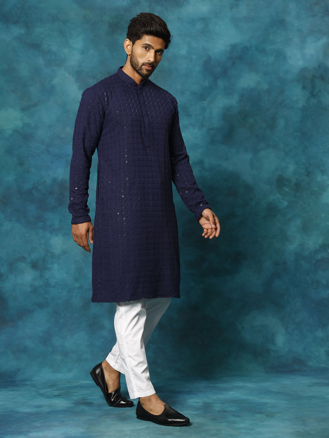 Sarvati Men's Navy Blue Rayon Schiffli Kurta And Pant Set