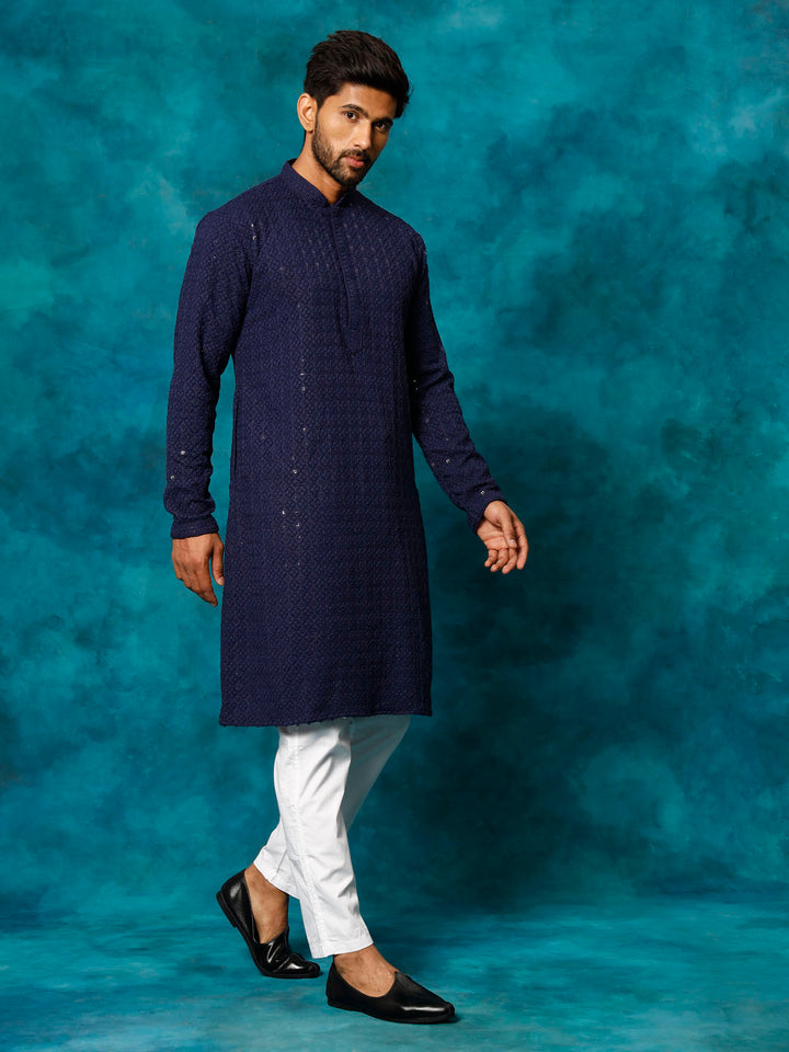 Sarvati Men's Navy Blue Rayon Schiffli Kurta And Pant Set