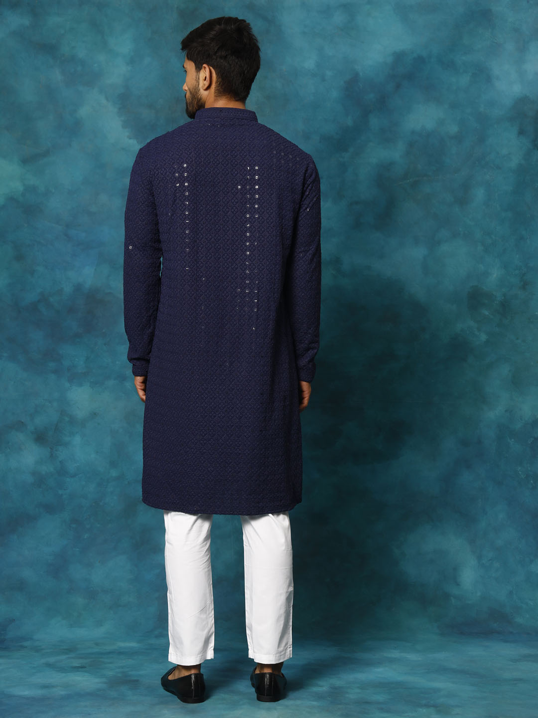 Sarvati Men's Navy Blue Rayon Schiffli Kurta And Pant Set