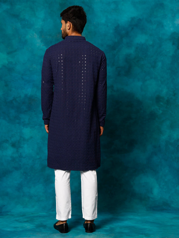 Sarvati Men's Navy Blue Rayon Schiffli Kurta And Pant Set