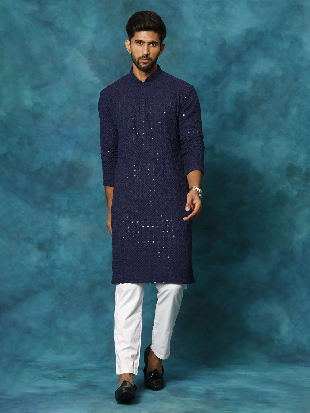 Sarvati Men's Navy Blue Rayon Schiffli Kurta And Pant Set