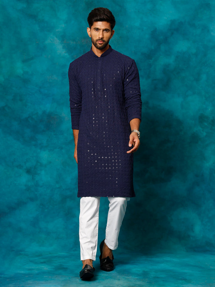 Sarvati Men's Navy Blue Rayon Schiffli Kurta And Pant Set