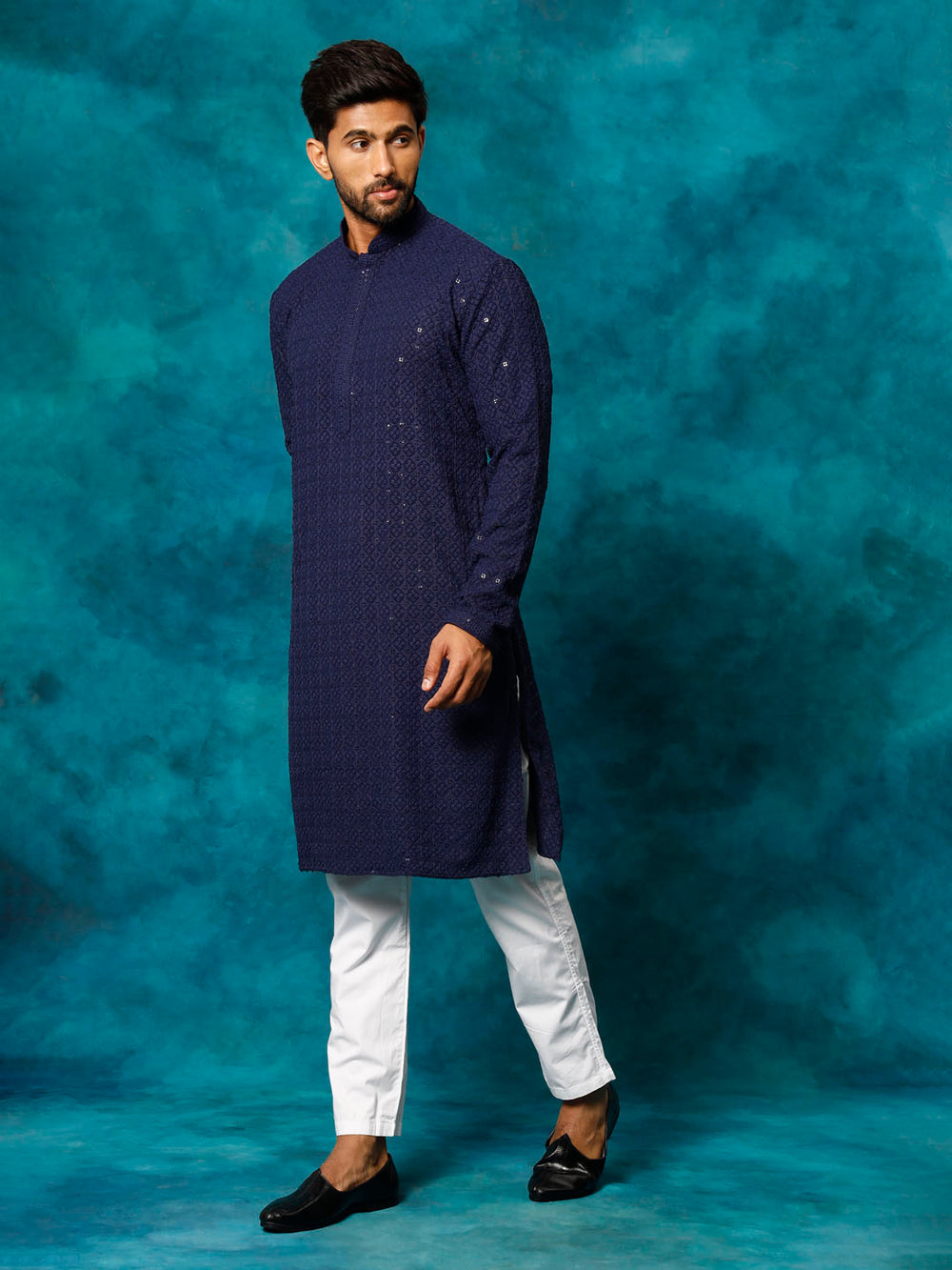 Sarvati Men's Navy Blue Rayon Schiffli Kurta And Pant Set