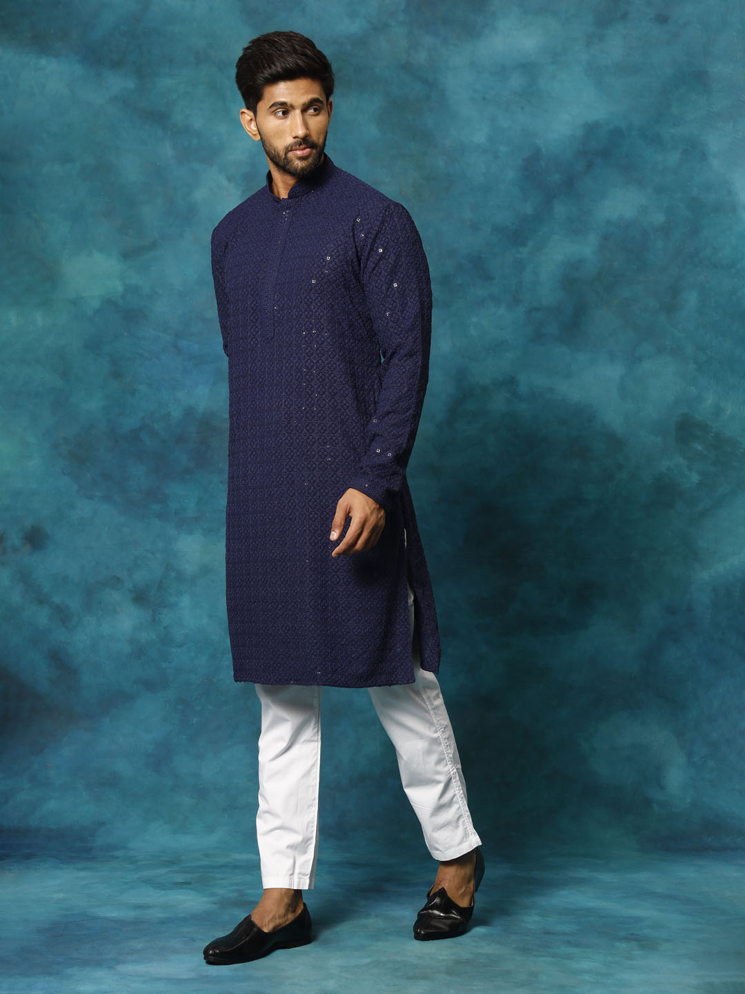 Sarvati Men's Navy Blue Rayon Schiffli Kurta And Pant Set