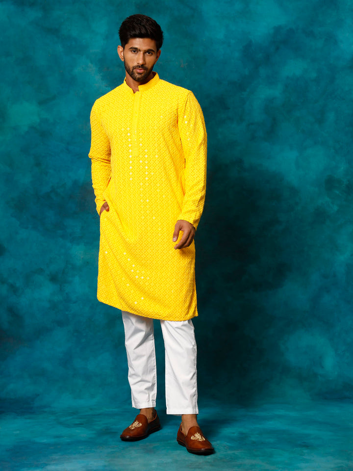 Sarvati Men's Yellow Rayon Schiffli Kurta And Pant Set