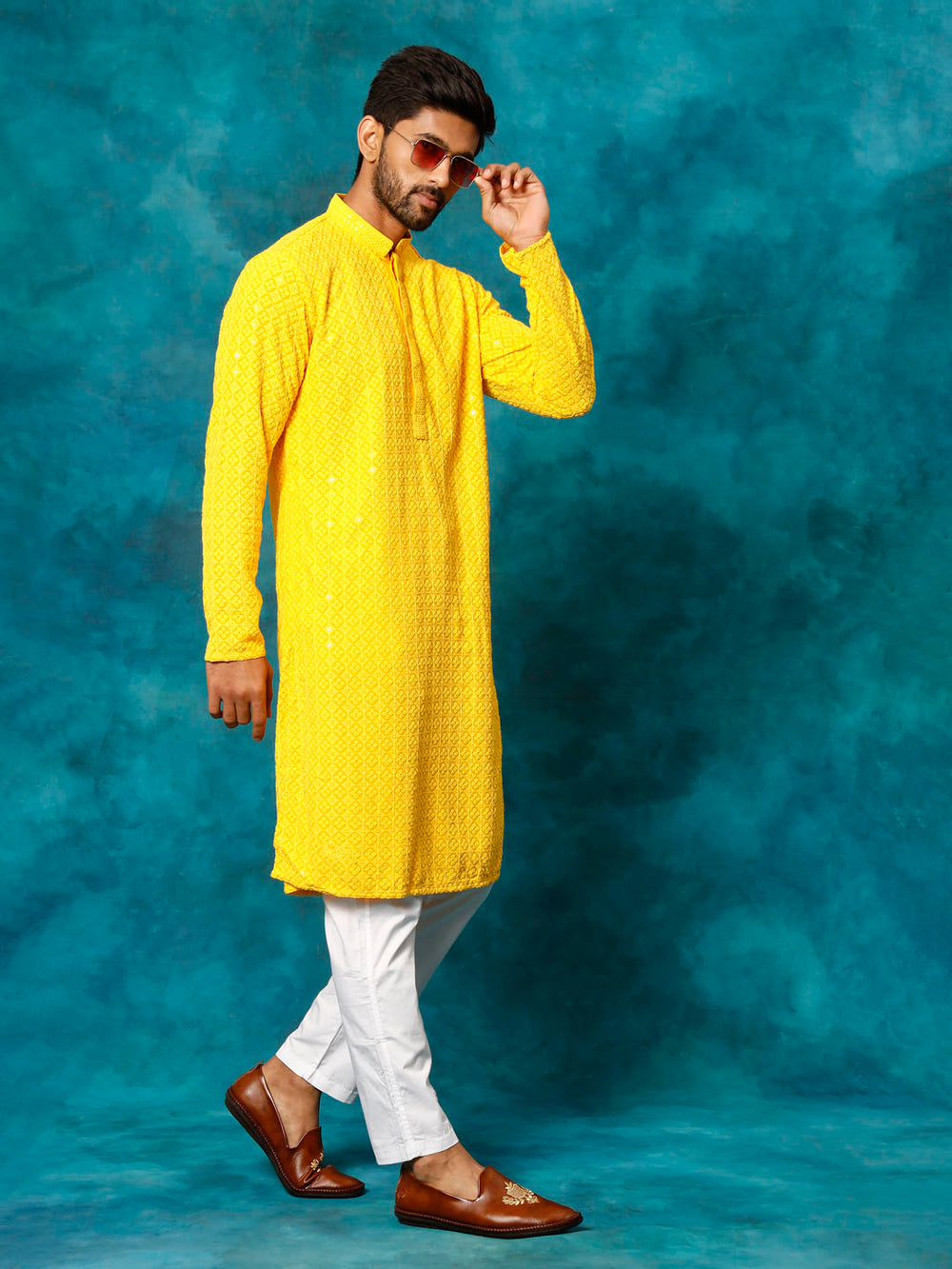 Sarvati Men's Yellow Rayon Schiffli Kurta And Pant Set