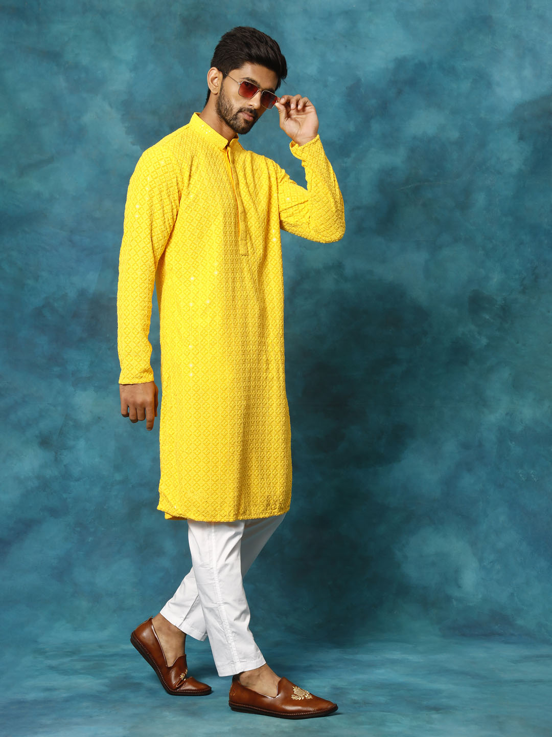 Sarvati Men's Yellow Rayon Schiffli Kurta And Pant Set