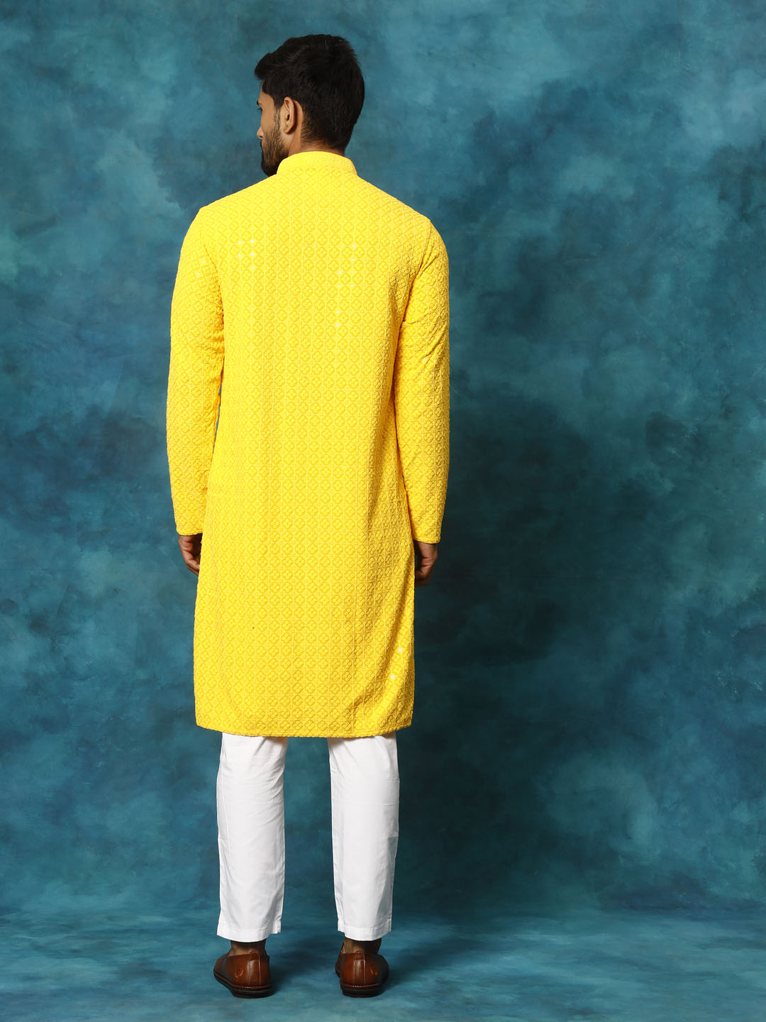 Sarvati Men's Yellow Rayon Schiffli Kurta And Pant Set