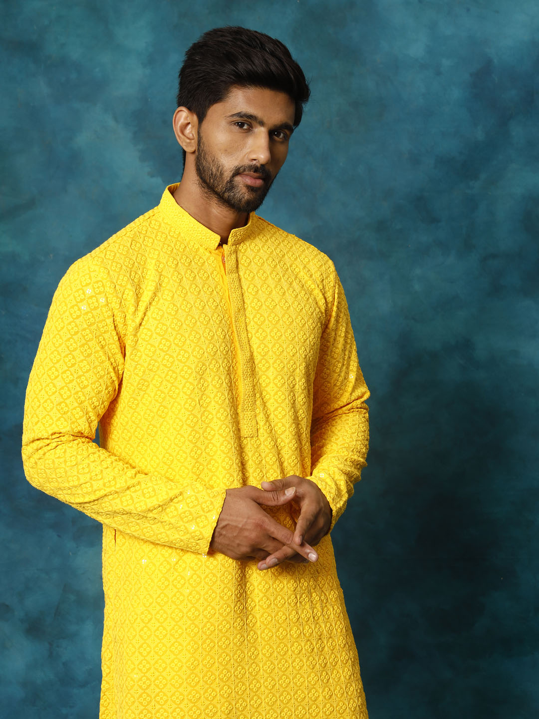 Sarvati Men's Yellow Rayon Schiffli Kurta And Pant Set