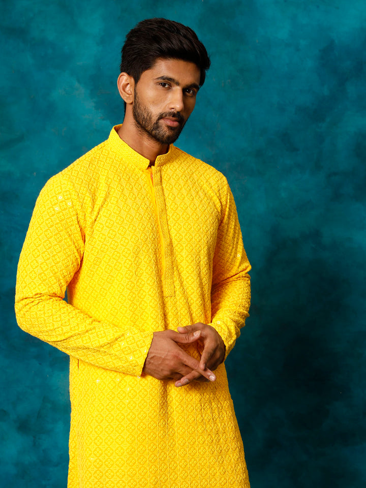 Sarvati Men's Yellow Rayon Schiffli Kurta And Pant Set