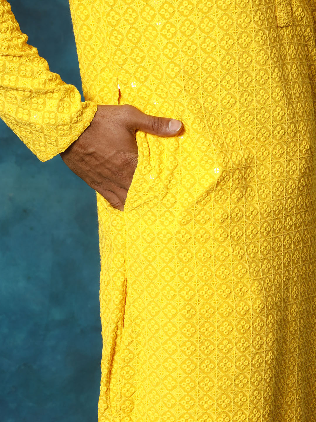 Sarvati Men's Yellow Rayon Schiffli Kurta And Pant Set