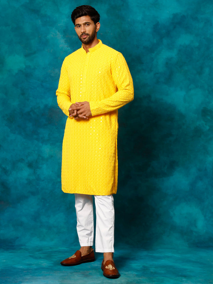 Sarvati Men's Yellow Rayon Schiffli Kurta And Pant Set