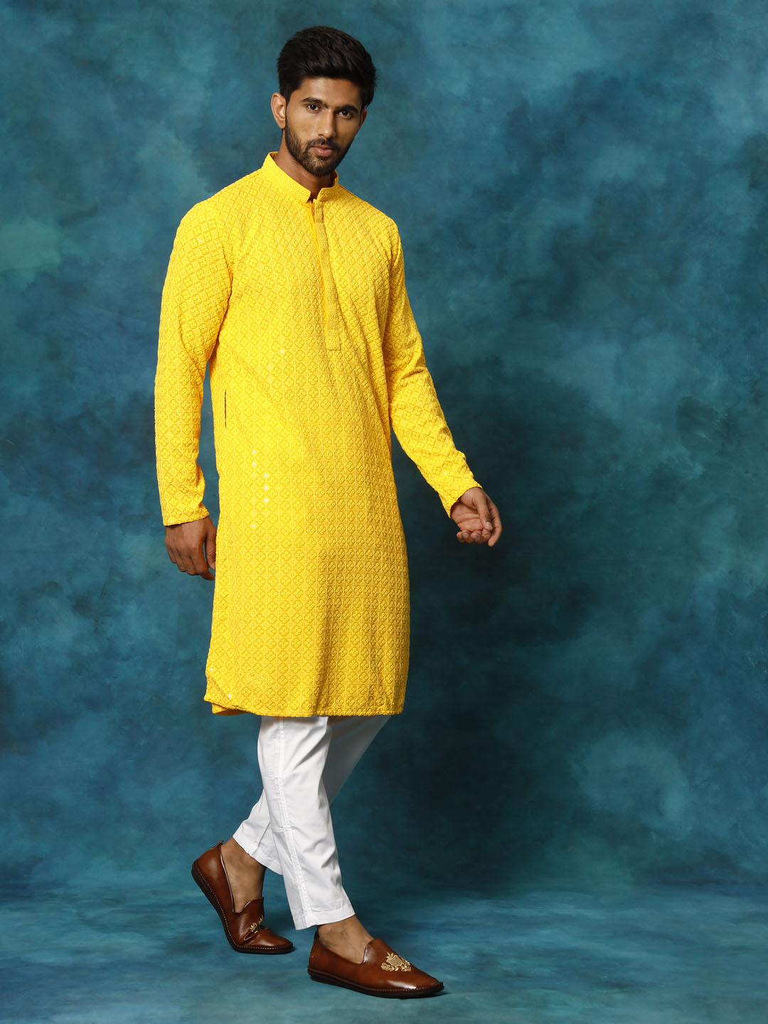 Sarvati Men's Yellow Rayon Schiffli Kurta And Pant Set