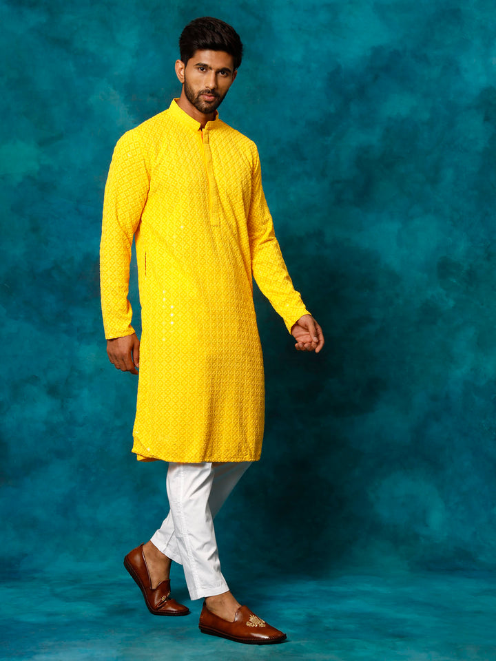 Sarvati Men's Yellow Rayon Schiffli Kurta And Pant Set