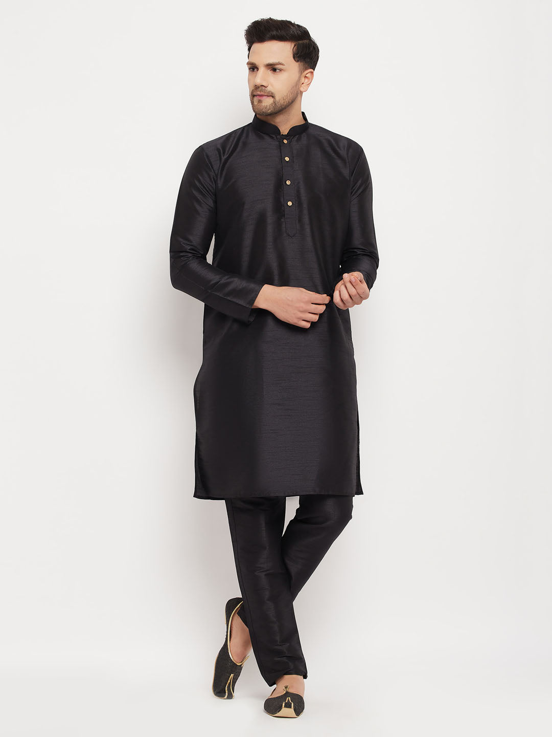 Sarvati Men's Black Silk Blend Kurta and Black Pant Style Pyjama Set