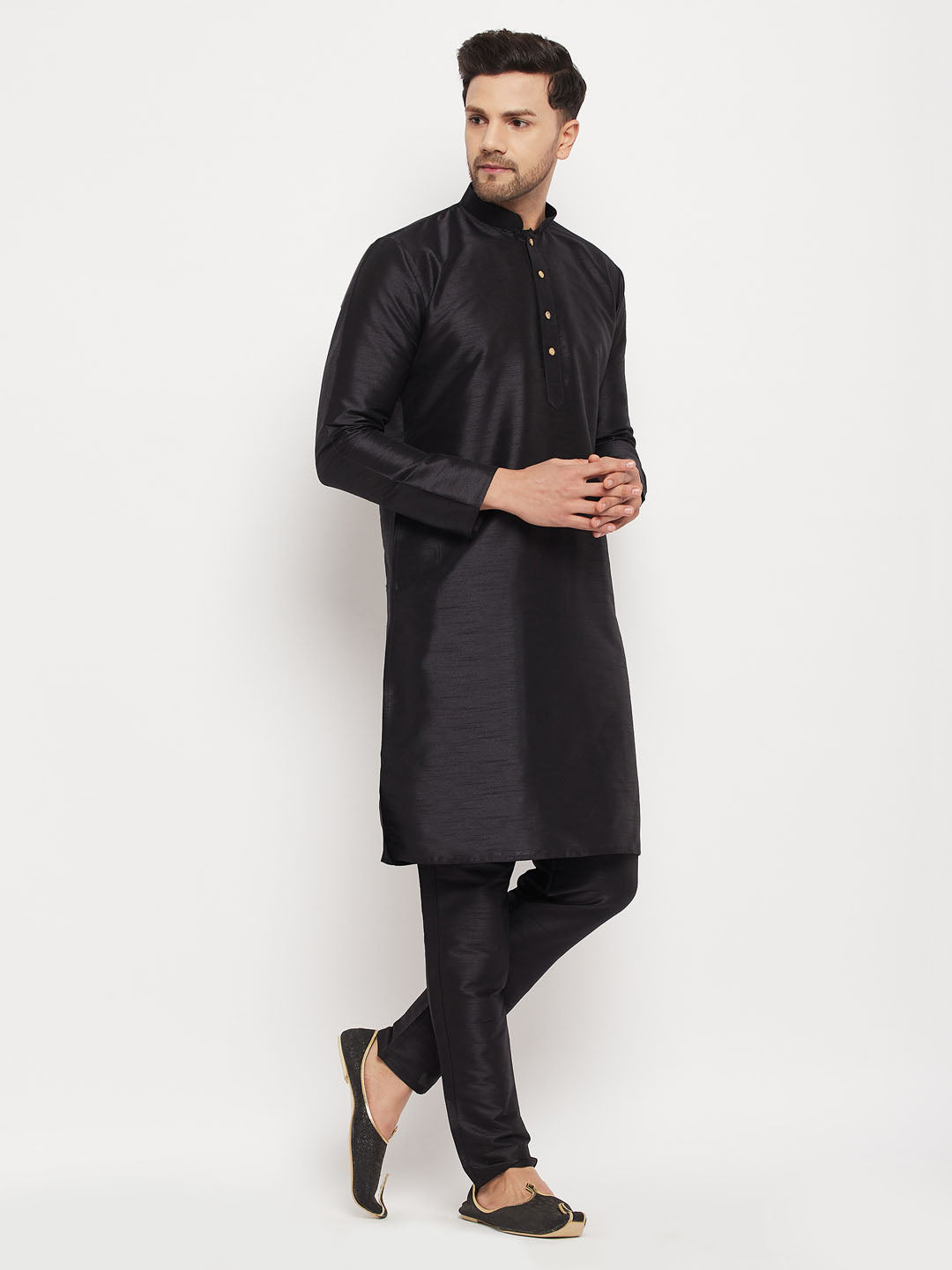 Sarvati Men's Black Silk Blend Kurta and Black Pant Style Pyjama Set