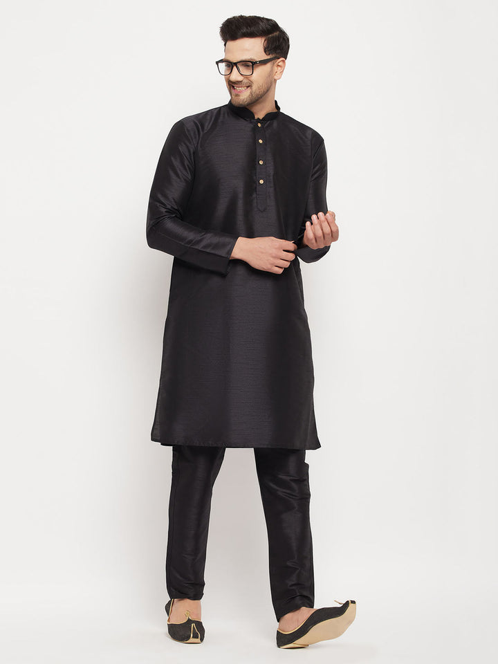 Sarvati Men's Black Silk Blend Kurta and Black Pant Style Pyjama Set