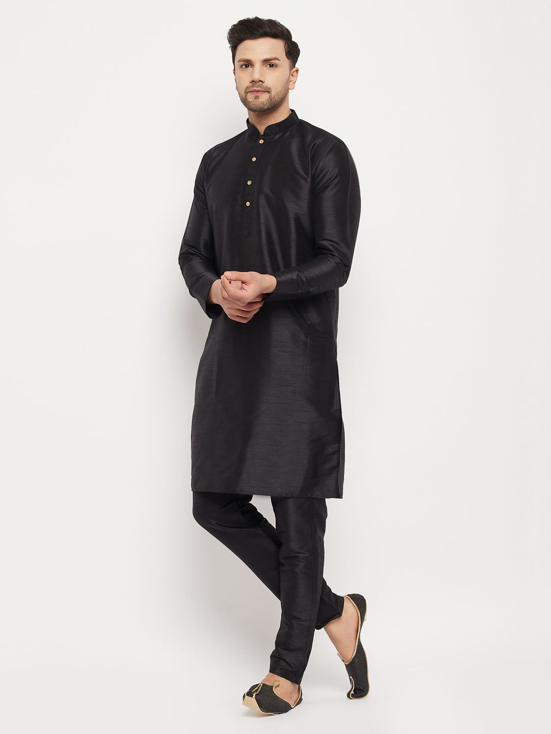 Sarvati Men's Black Silk Blend Kurta and Black Pant Style Pyjama Set