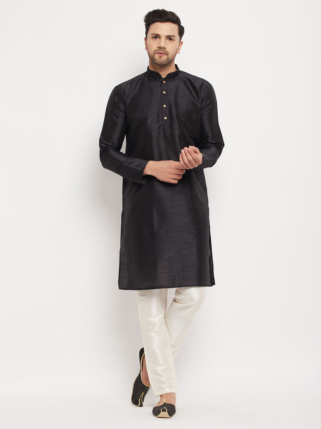 Sarvati Men's Black Silk Blend Kurta and Cream Pant Style Pyjama Set