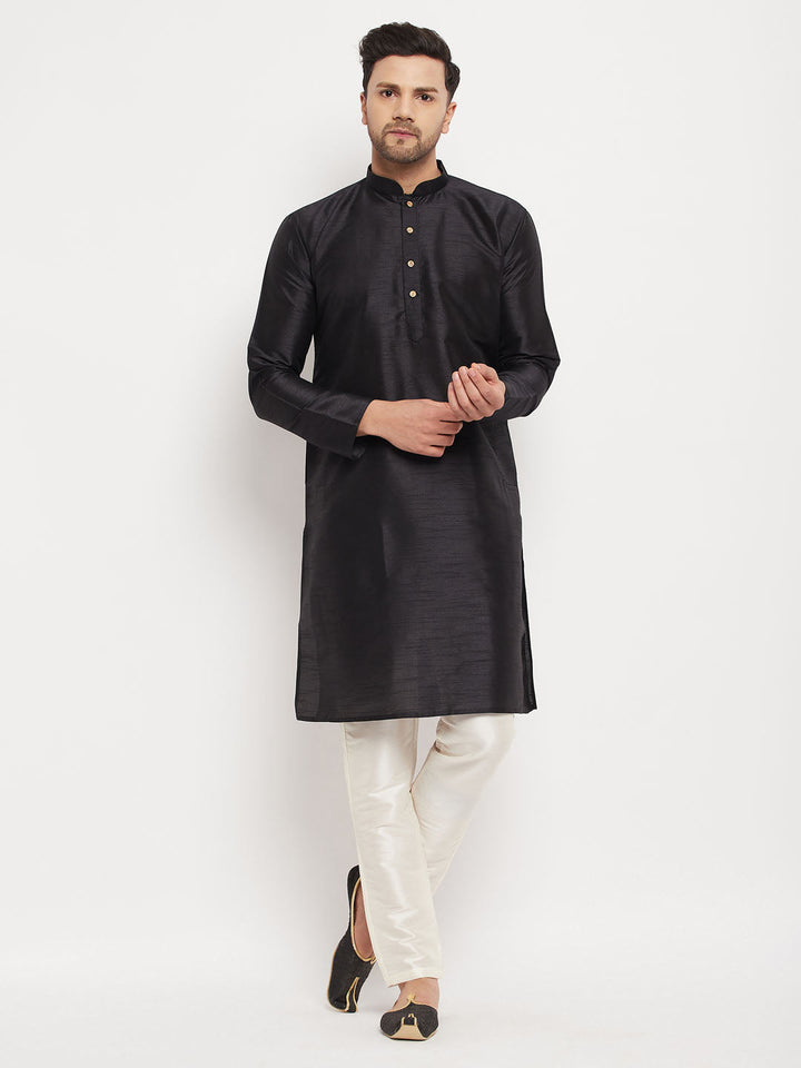 Sarvati Men's Black Silk Blend Kurta and Cream Pant Style Pyjama Set